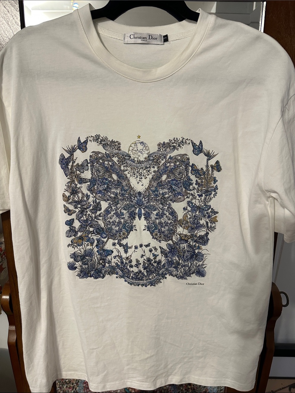 Dior Cream Tee with Blue and Gold Butterfly Floral Motif